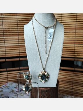 Kate Landry Brand Abalone Necklace Peridot Baguette Rhinestone and Earrings Set